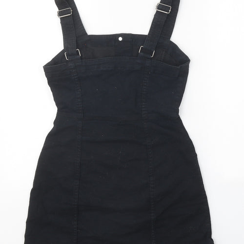 Divided Womens Black 100% Cotton Pinafore/Dungaree Dress Size 6 Square Neck Button