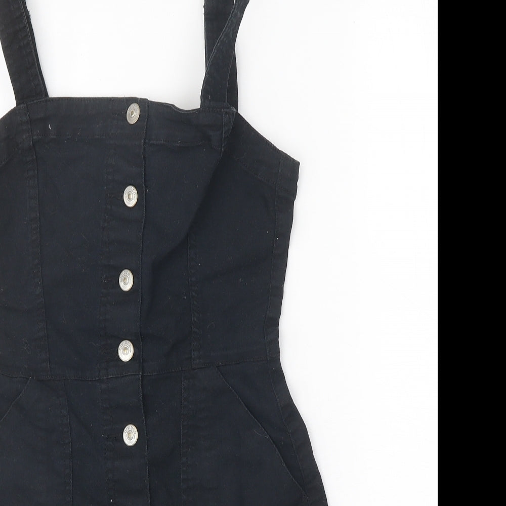 Divided Womens Black 100% Cotton Pinafore/Dungaree Dress Size 6 Square Neck Button