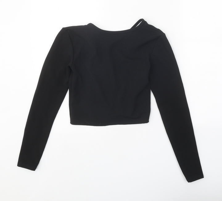 PRETTYLITTLETHING Womens Black Polyester Wrap Blouse Size S Round Neck - Open Back