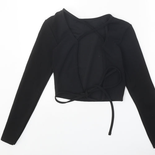 PRETTYLITTLETHING Womens Black Polyester Wrap Blouse Size S Round Neck - Open Back