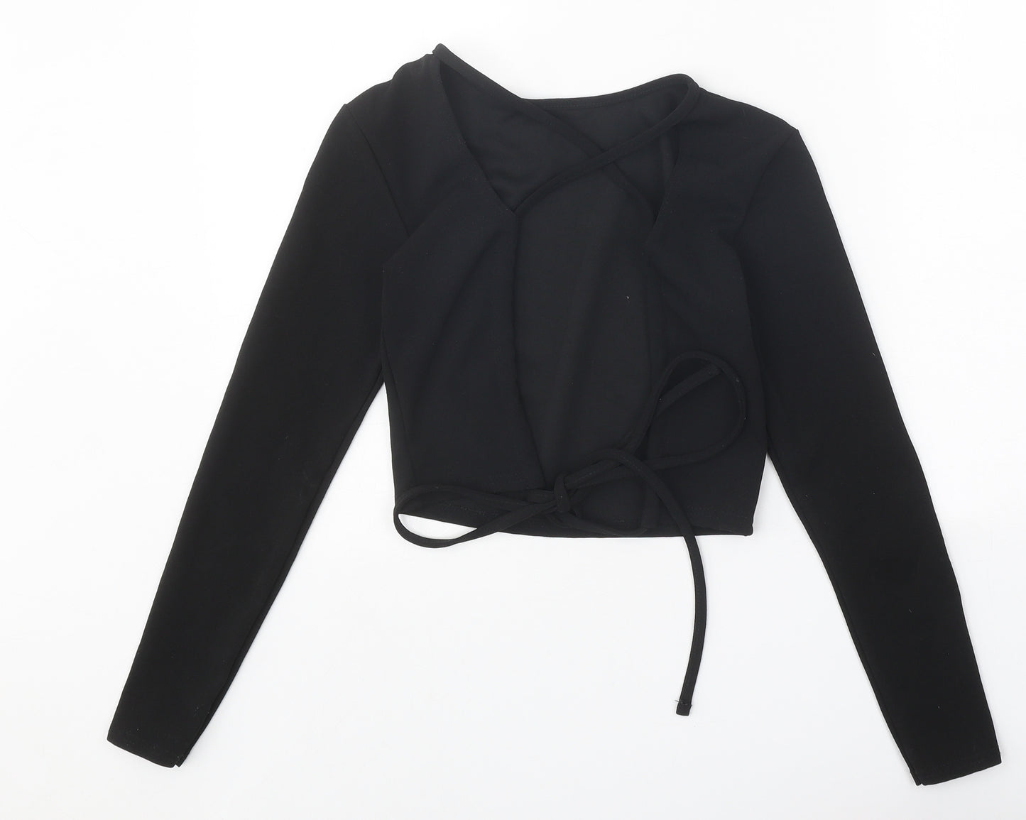 PRETTYLITTLETHING Womens Black Polyester Wrap Blouse Size S Round Neck - Open Back