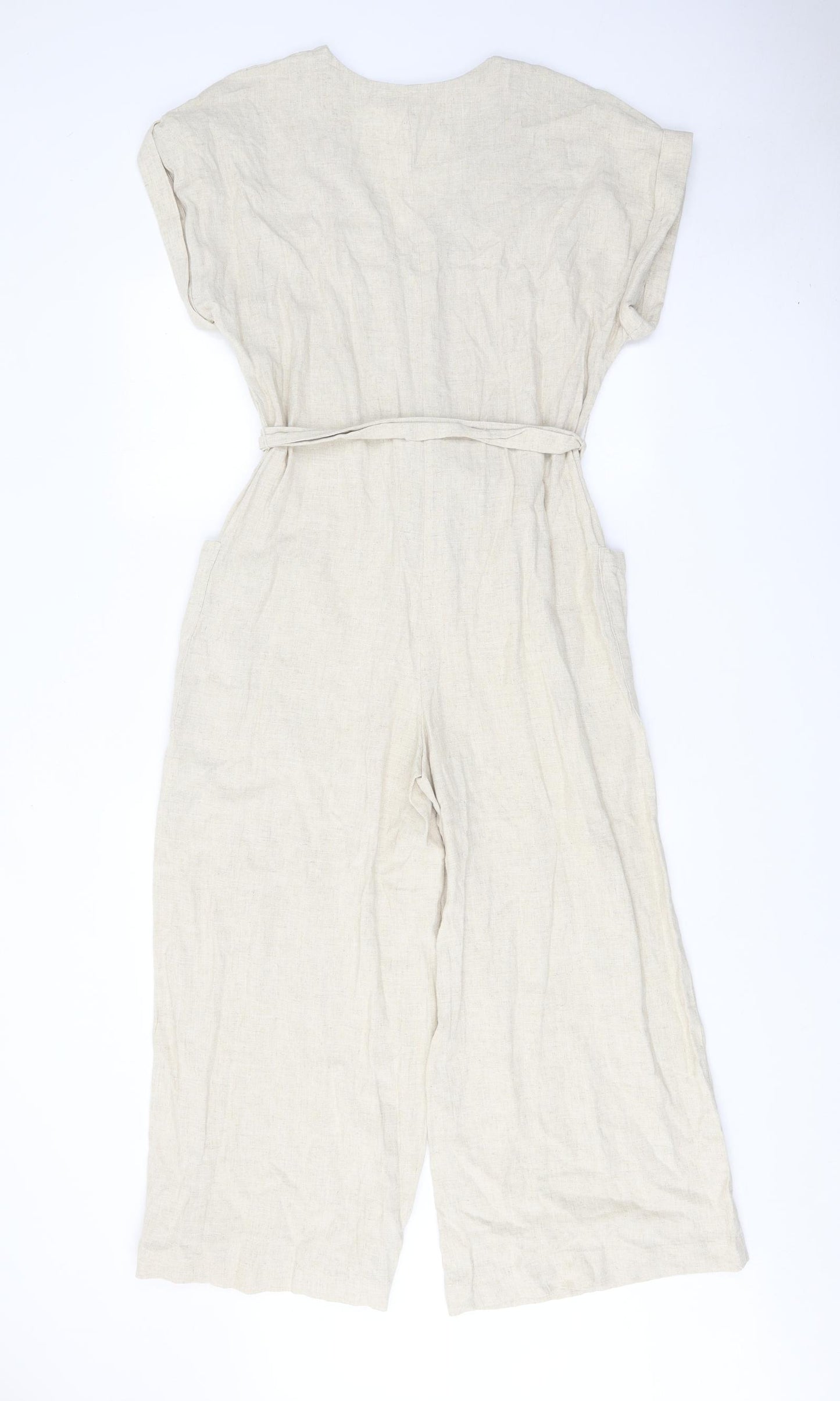 H&M Womens Beige Linen Jumpsuit One-Piece Size 10 Button