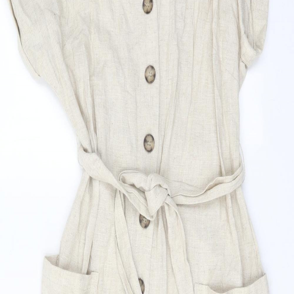 H&M Womens Beige Linen Jumpsuit One-Piece Size 10 Button