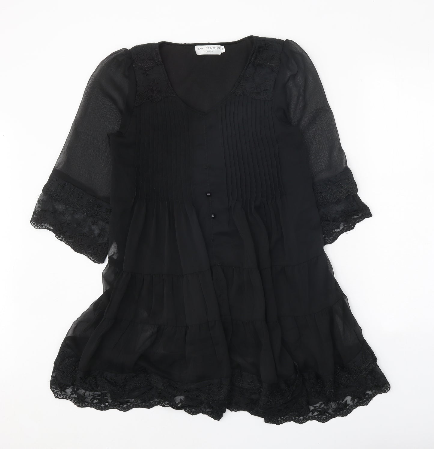 Ravi Famous Womens Black Polyester Fit & Flare Size M V-Neck Zip