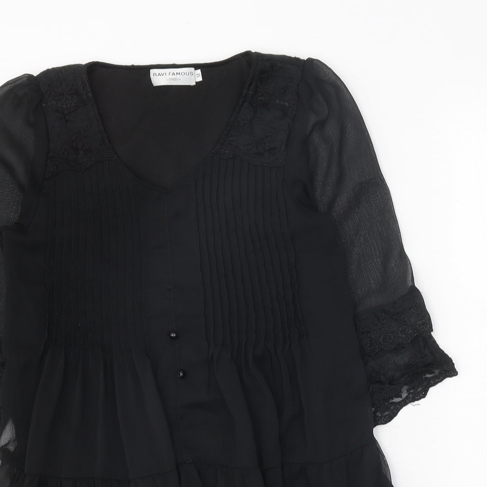 Ravi Famous Womens Black Polyester Fit & Flare Size M V-Neck Zip