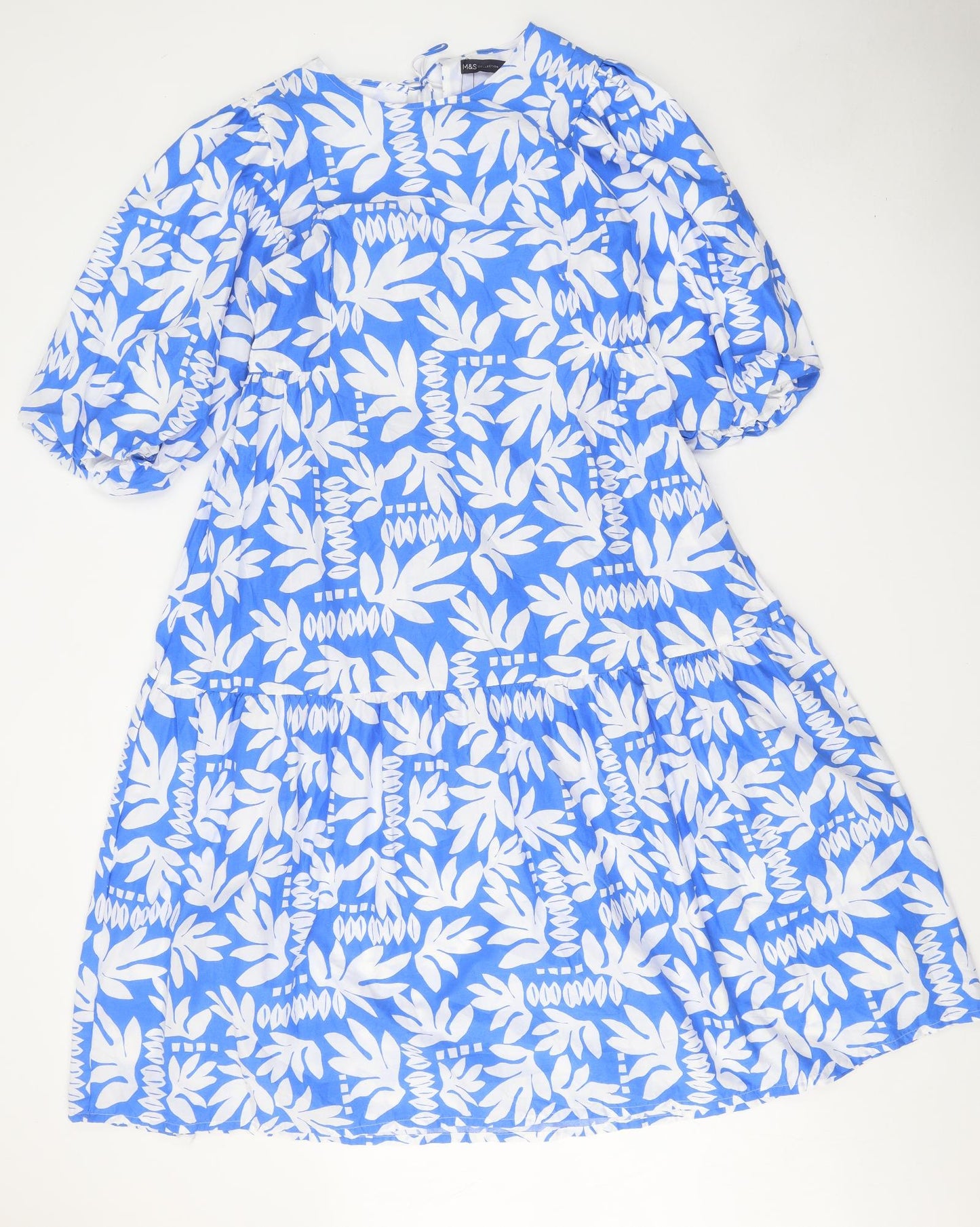 Marks and Spencer Womens Blue Floral 100% Cotton Trapeze & Swing Size 14 Round Neck Tie