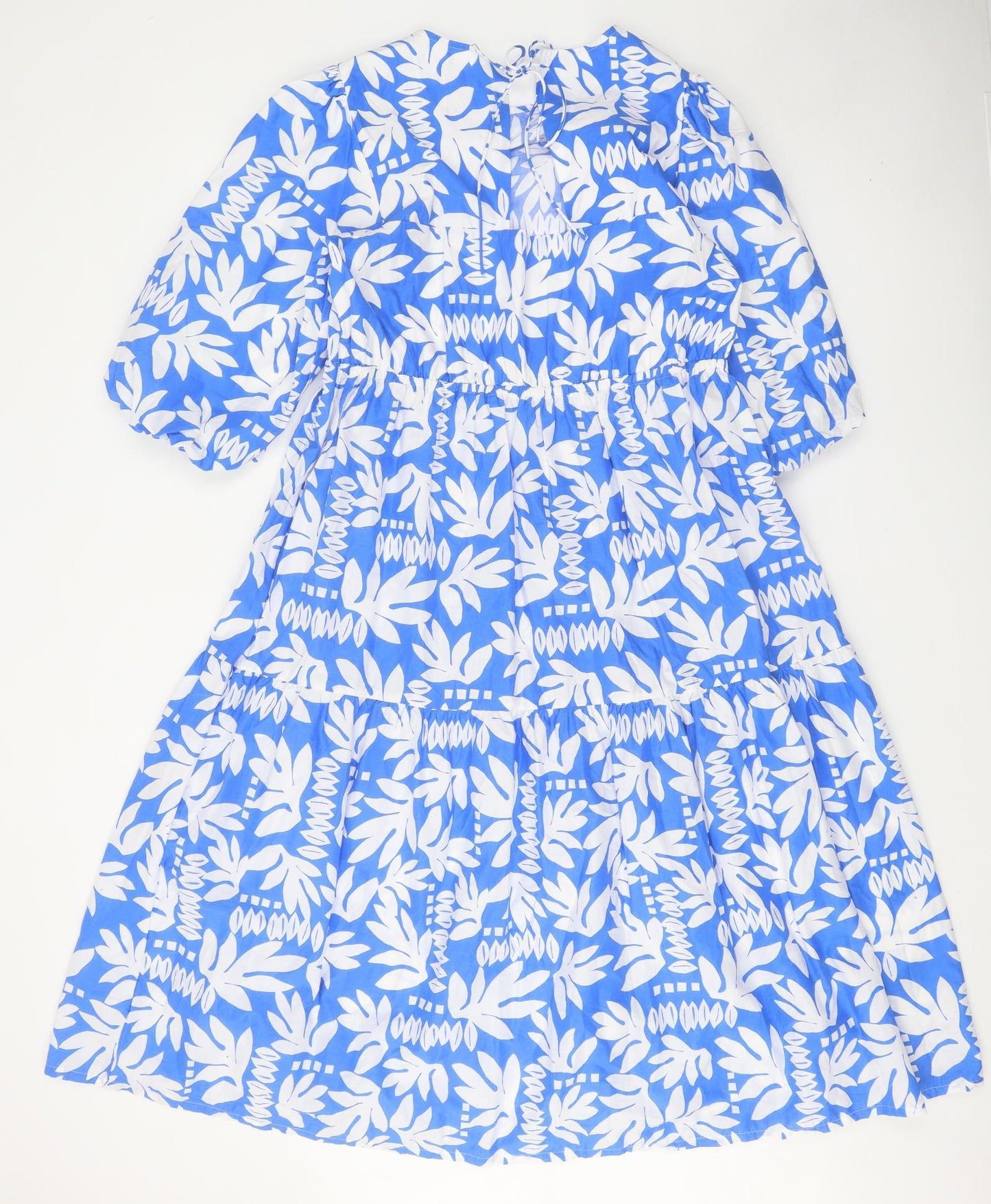 Marks and Spencer Womens Blue Floral 100% Cotton Trapeze & Swing Size 14 Round Neck Tie