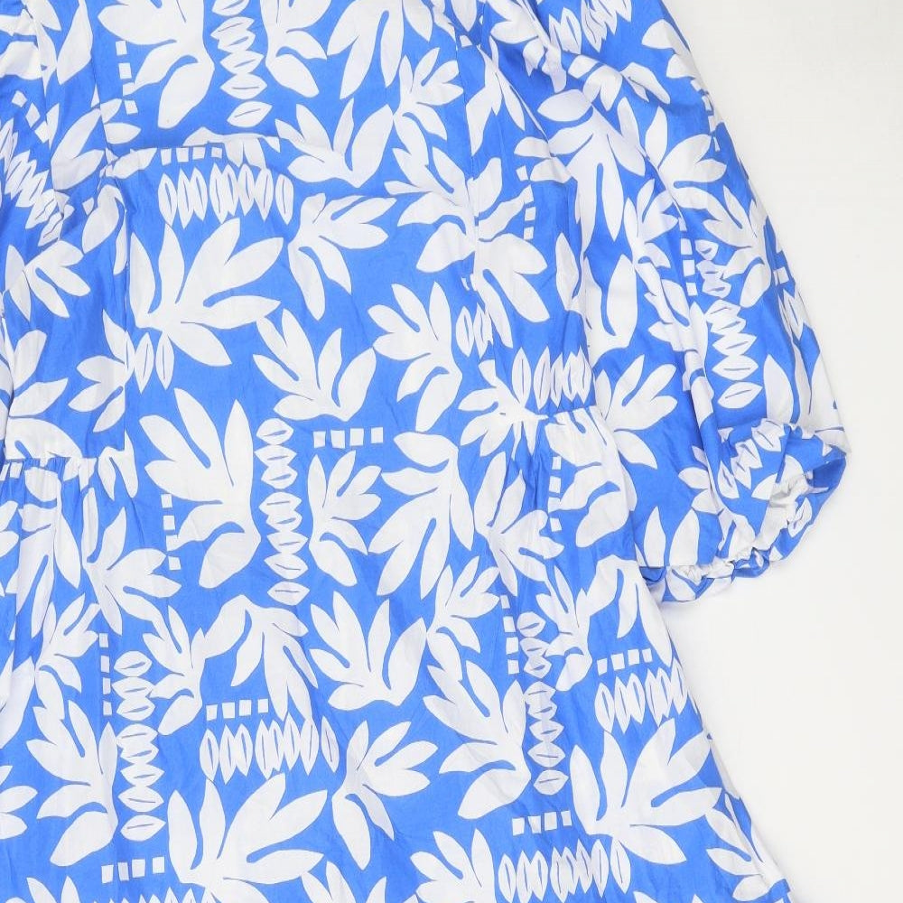 Marks and Spencer Womens Blue Floral 100% Cotton Trapeze & Swing Size 14 Round Neck Tie
