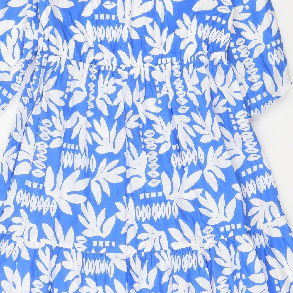 Marks and Spencer Womens Blue Floral 100% Cotton Trapeze & Swing Size 14 Round Neck Tie