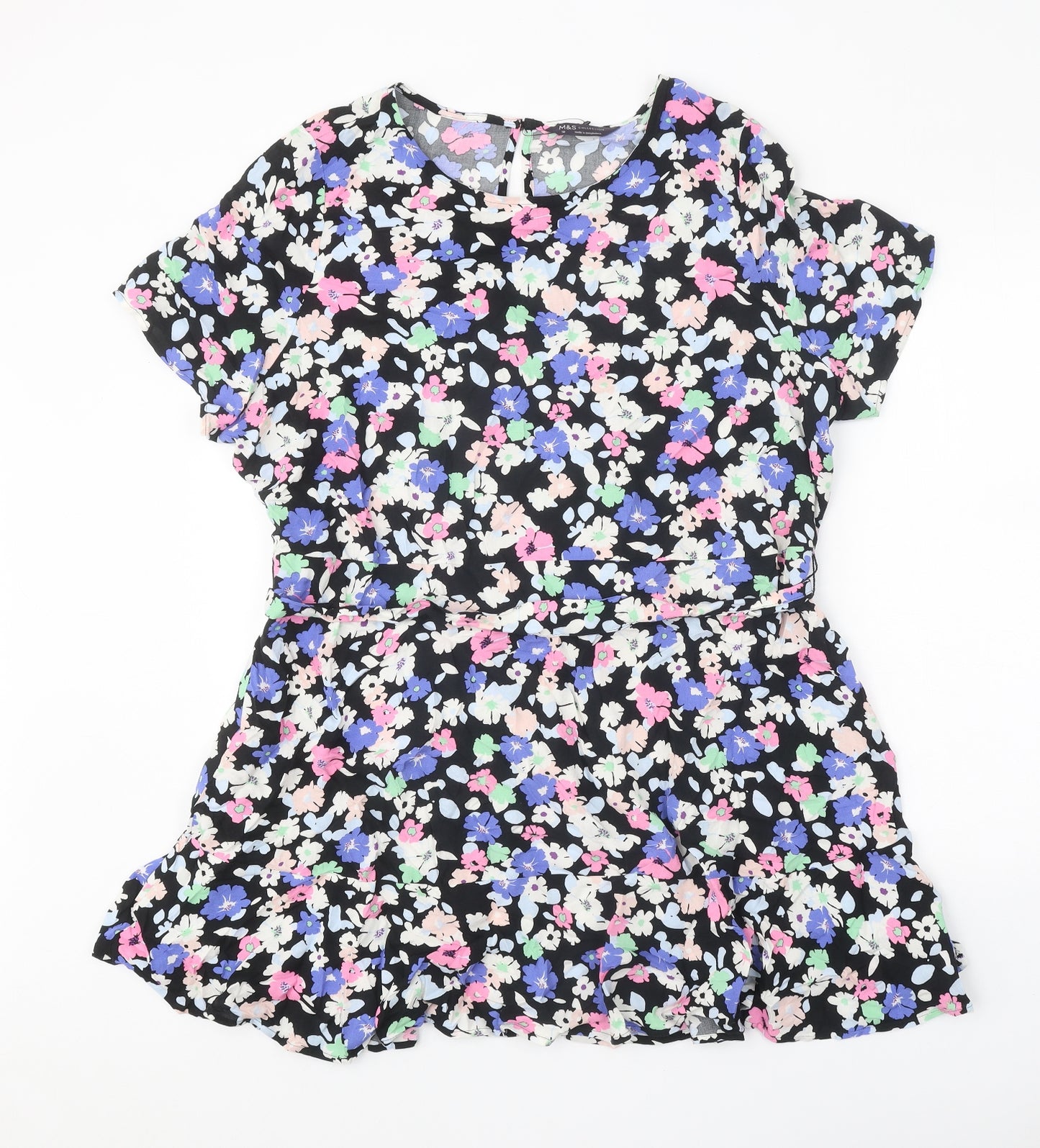 Marks and Spencer Womens Black Floral Viscose A-Line Size 18 Scoop Neck Button
