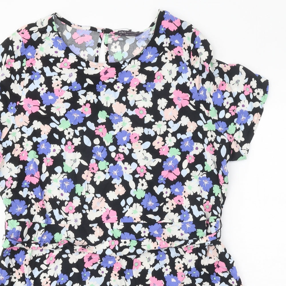 Marks and Spencer Womens Black Floral Viscose A-Line Size 18 Scoop Neck Button
