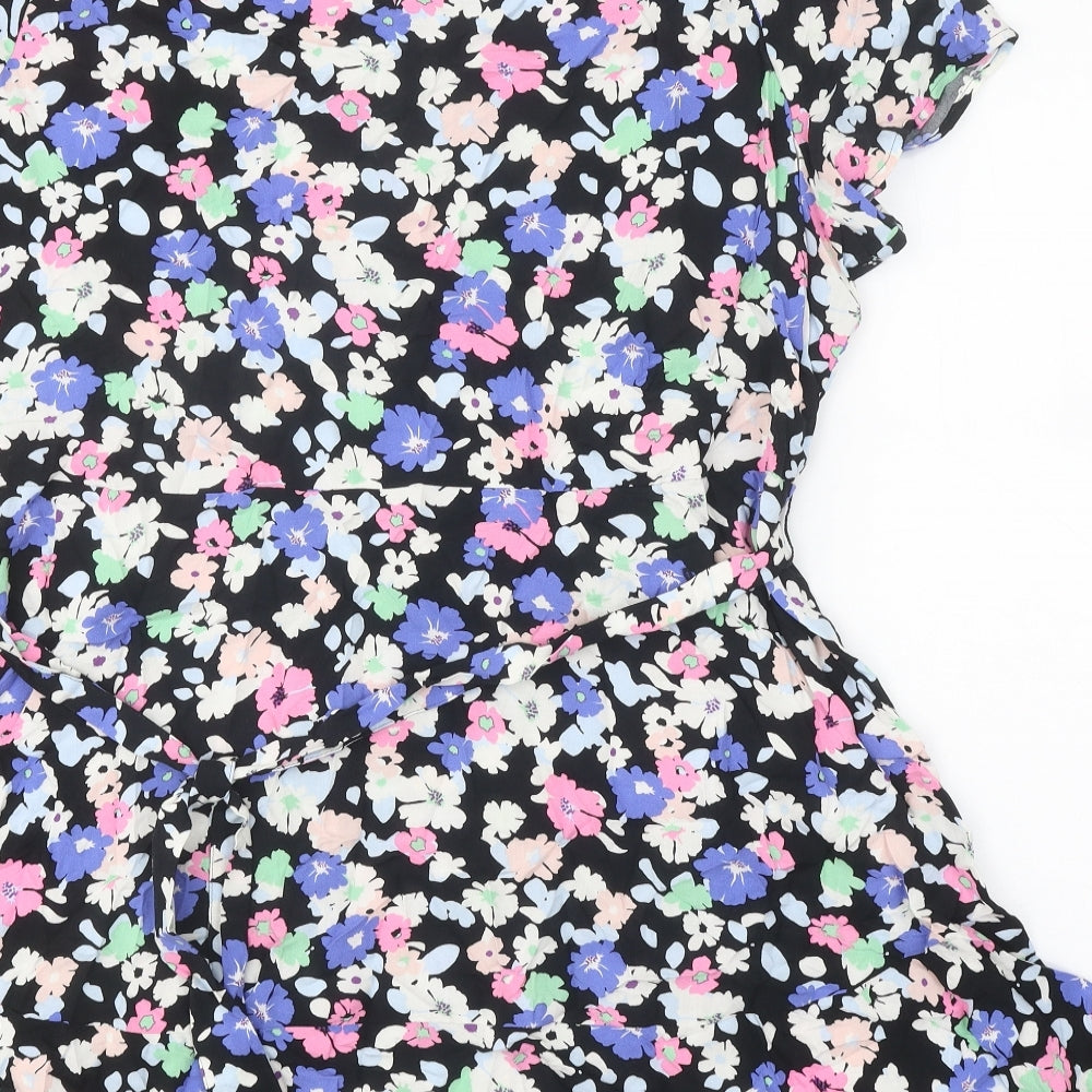 Marks and Spencer Womens Black Floral Viscose A-Line Size 18 Scoop Neck Button