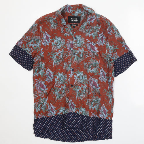 Native Youth Mens Brown Geometric Viscose Button-Up Size S Collared Button