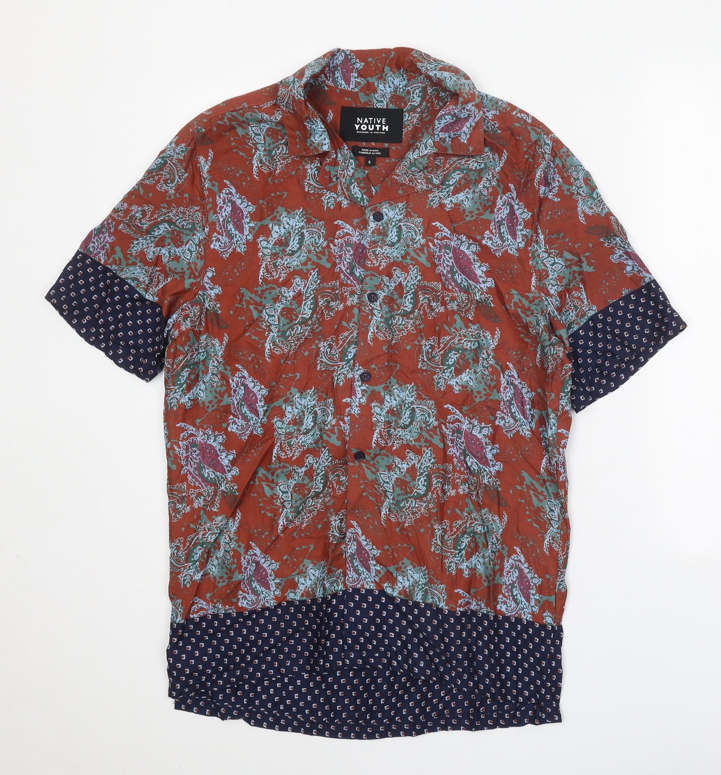 Native Youth Mens Brown Geometric Viscose Button-Up Size S Collared Button