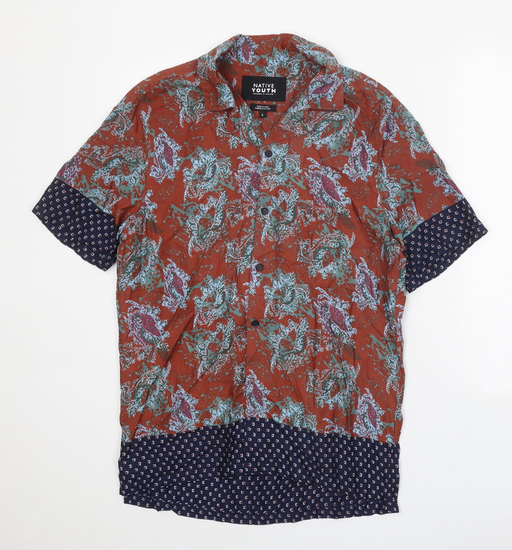Native Youth Mens Brown Geometric Viscose Button-Up Size S Collared Button