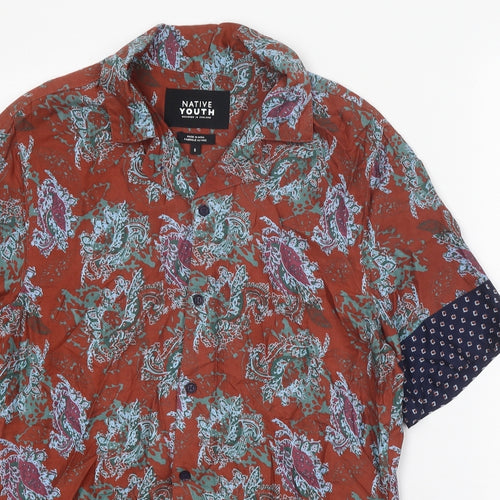 Native Youth Mens Brown Geometric Viscose Button-Up Size S Collared Button