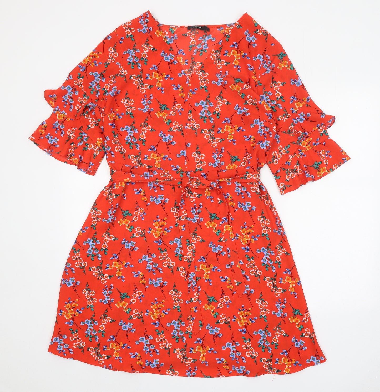Papaya Womens Red Floral Polyester A-Line Size 14 V-Neck Tie
