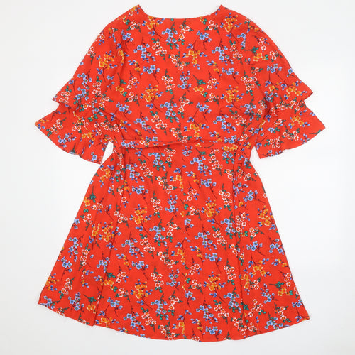Papaya Womens Red Floral Polyester A-Line Size 14 V-Neck Tie