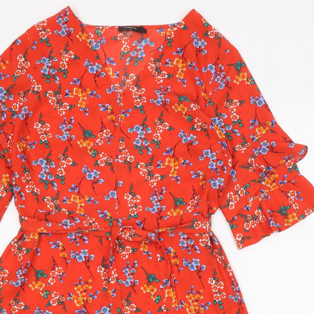 Papaya Womens Red Floral Polyester A-Line Size 14 V-Neck Tie