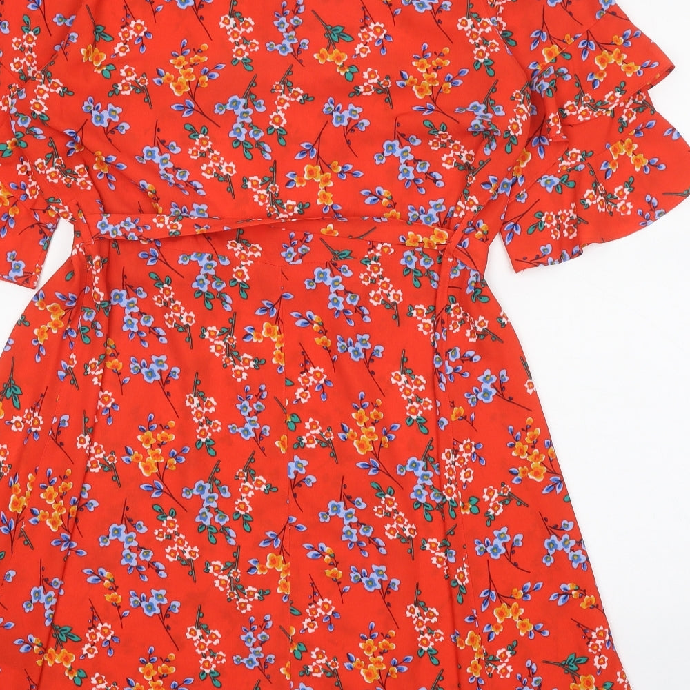 Papaya Womens Red Floral Polyester A-Line Size 14 V-Neck Tie
