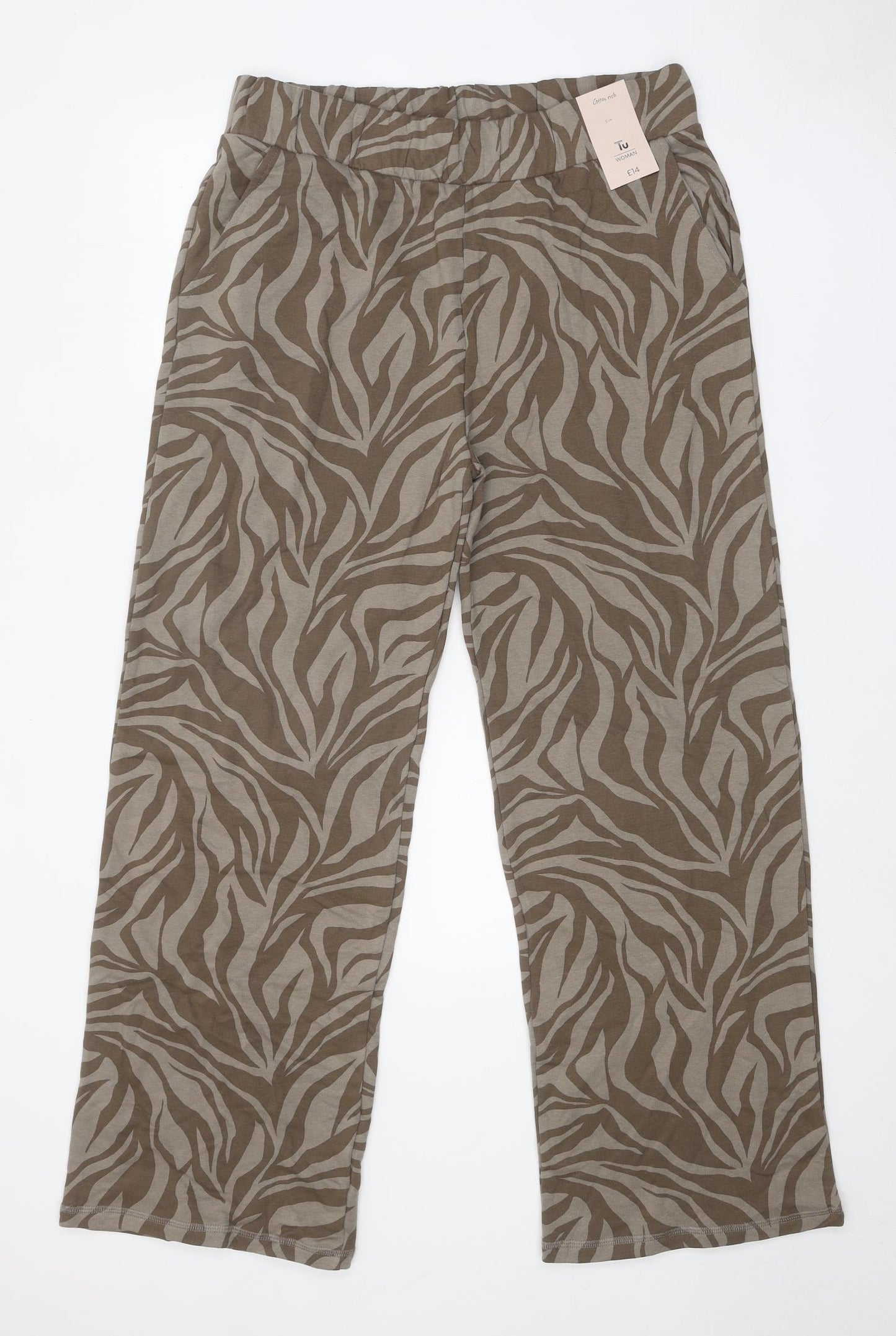 TU Womens Brown Geometric Cotton Trousers Size 16 Regular