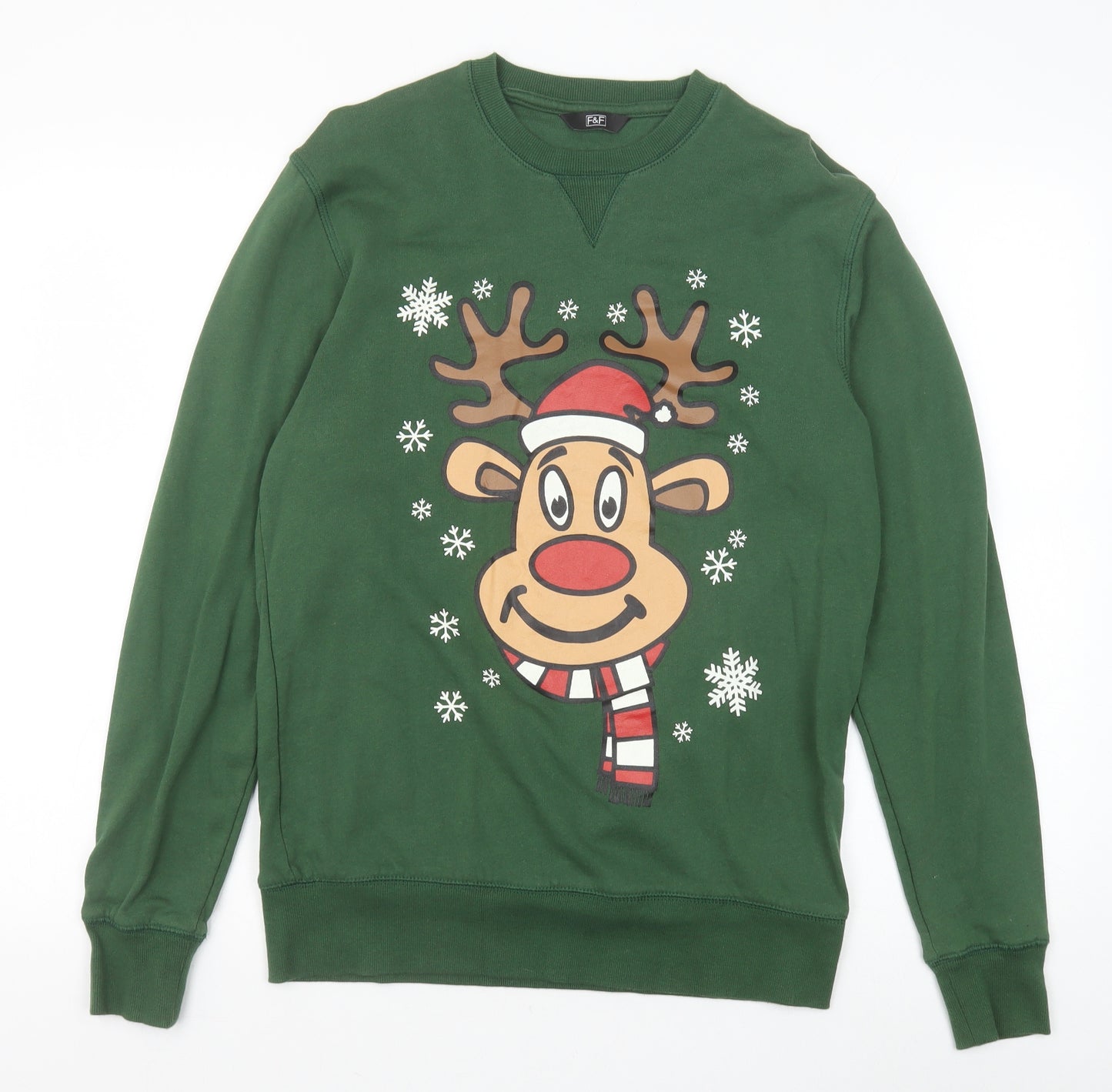 F&F Womens Green 100% Cotton Pullover Sweatshirt Size S Pullover - Christmas Rudolph