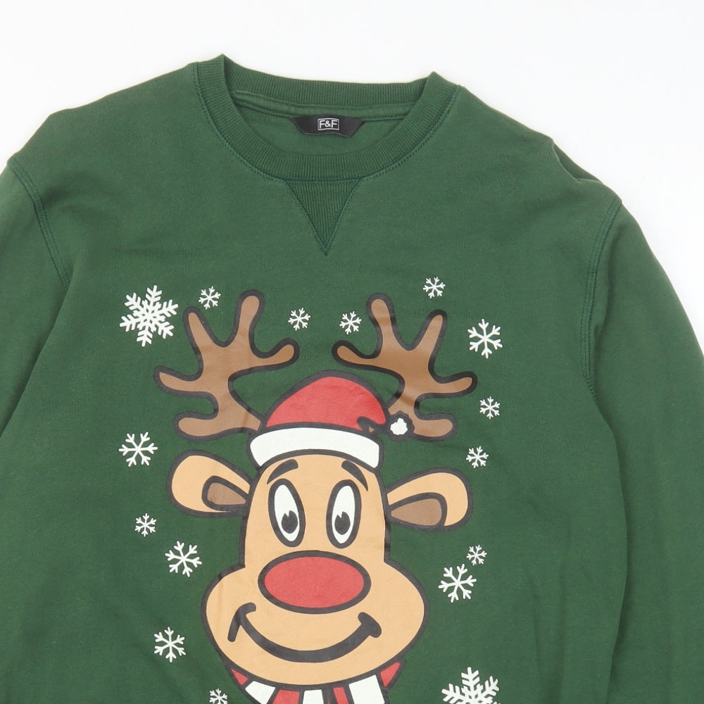 F&F Womens Green 100% Cotton Pullover Sweatshirt Size S Pullover - Christmas Rudolph