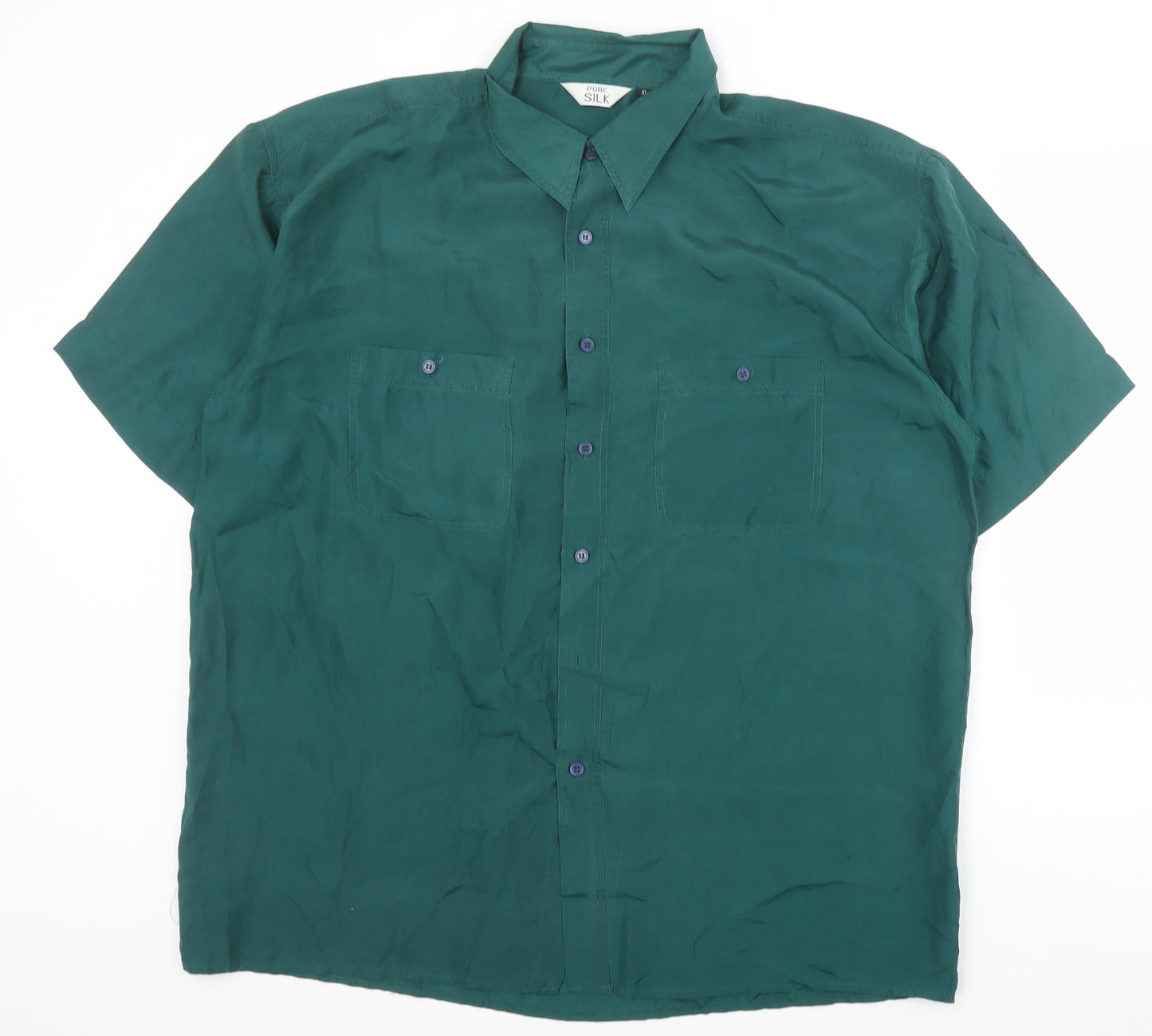 Preworn Mens Green Silk Button-Up Size XL Collared Button