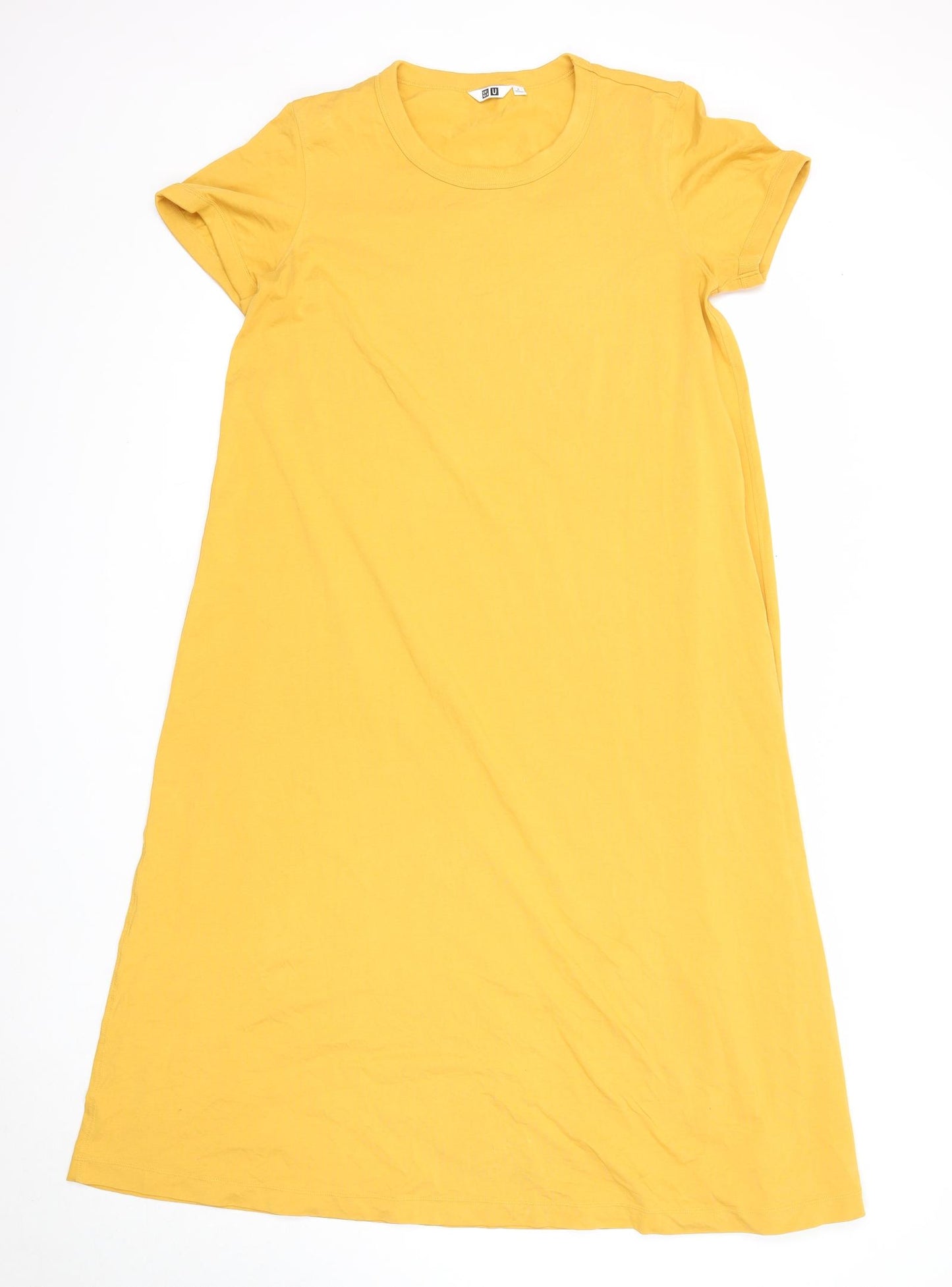 Uniqlo Womens Yellow Cotton T-Shirt Dress Size L Round Neck Pullover