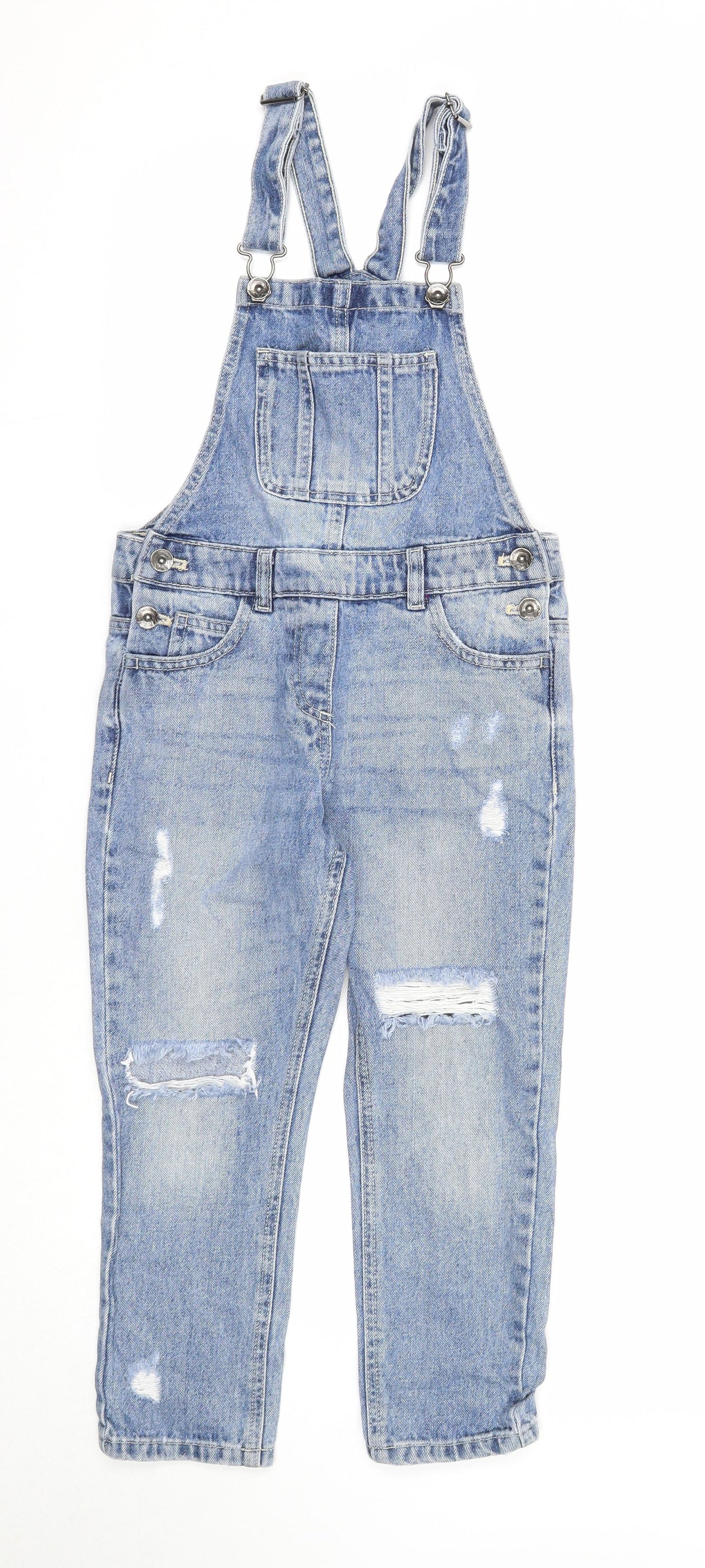 NEXT Girls Blue Cotton Dungaree One-Piece Size 8 Years Button - Distressed