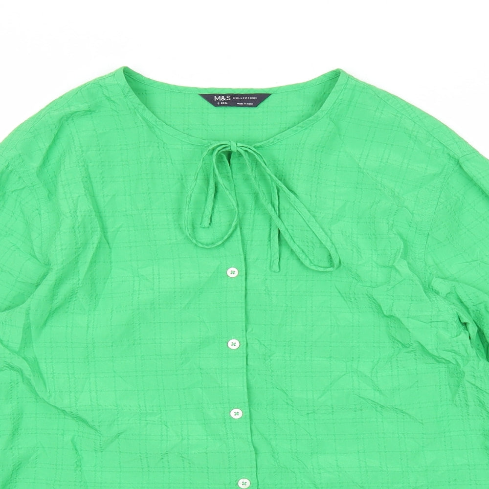 Marks and Spencer Womens Green Geometric Modal Basic Button-Up Size 8 Round Neck