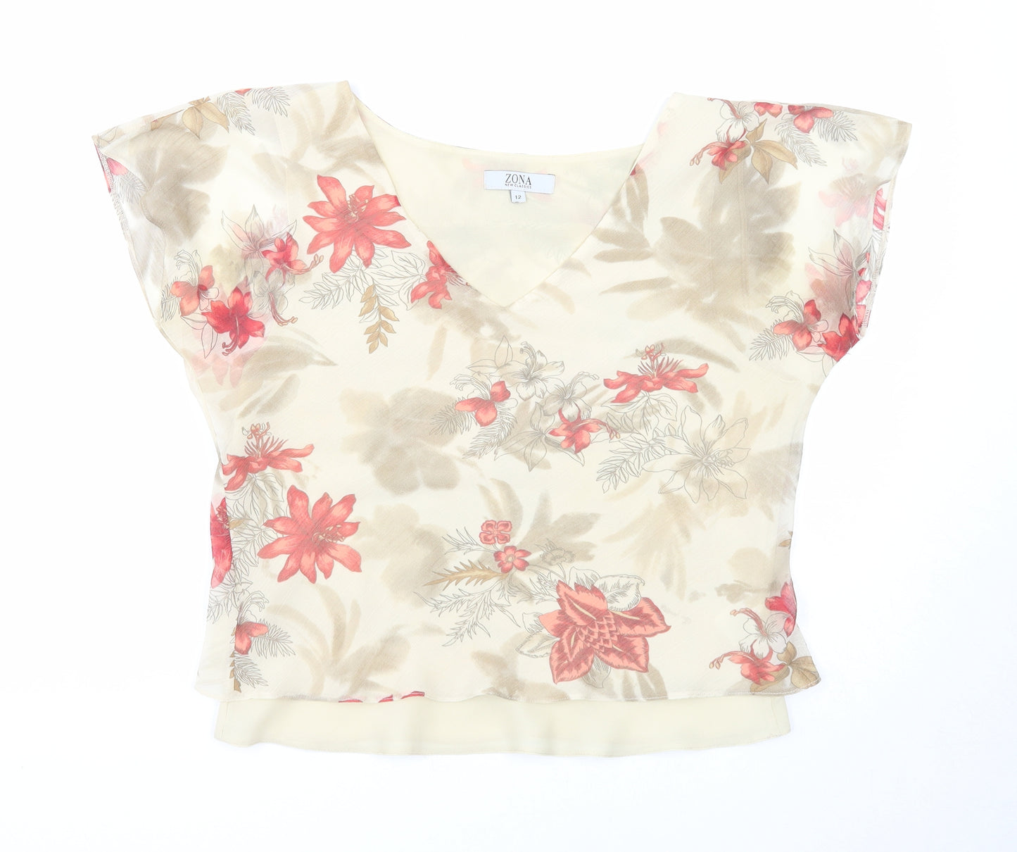 Zona Womens Beige Floral Polyester Basic Tank Size 12 V-Neck
