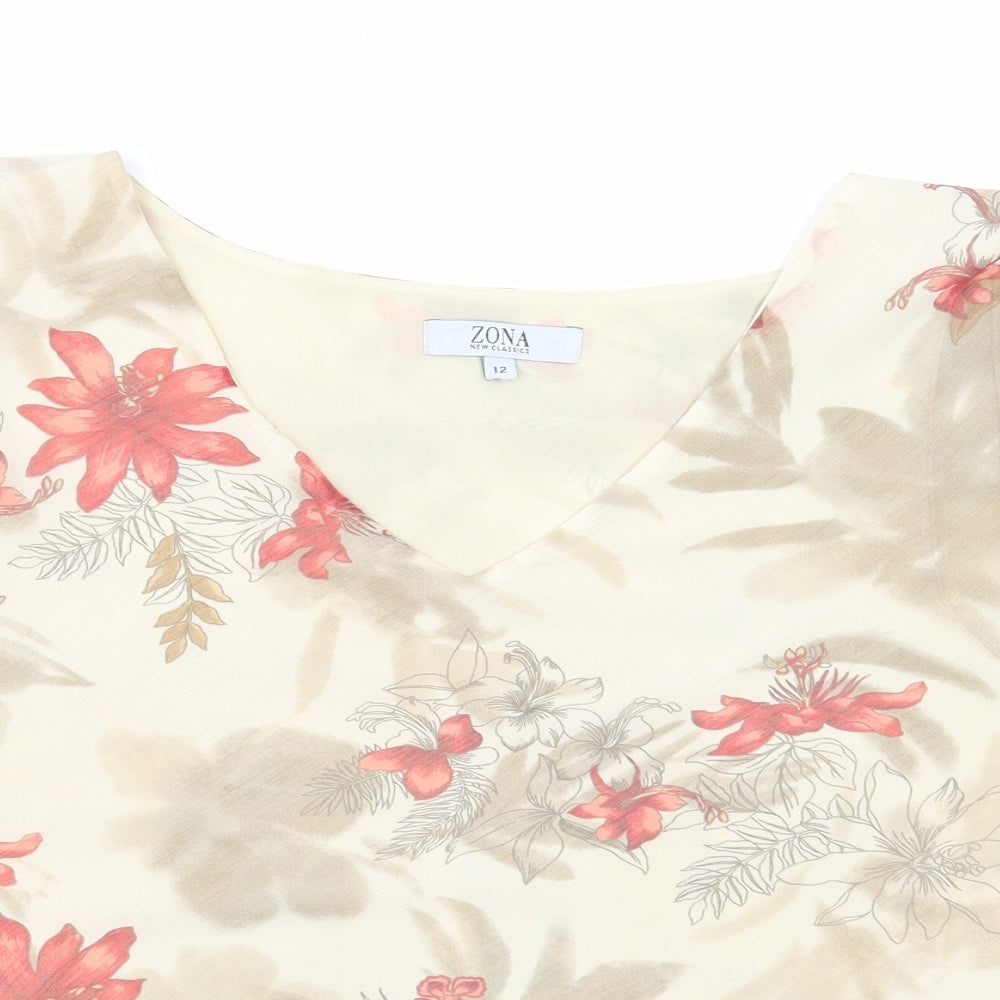 Zona Womens Beige Floral Polyester Basic Tank Size 12 V-Neck