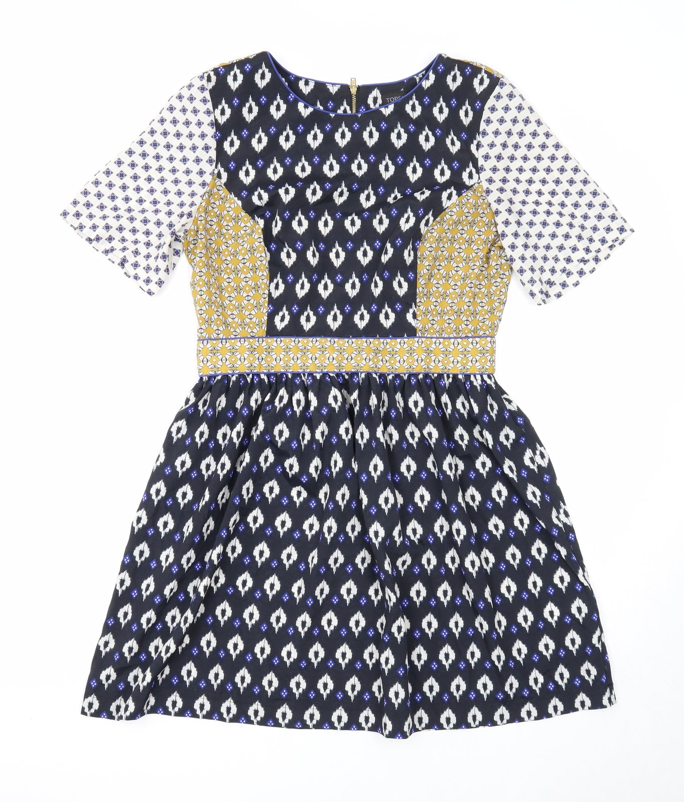 Topshop Womens Blue Geometric Polyester Fit & Flare Size 10 Round Neck Zip