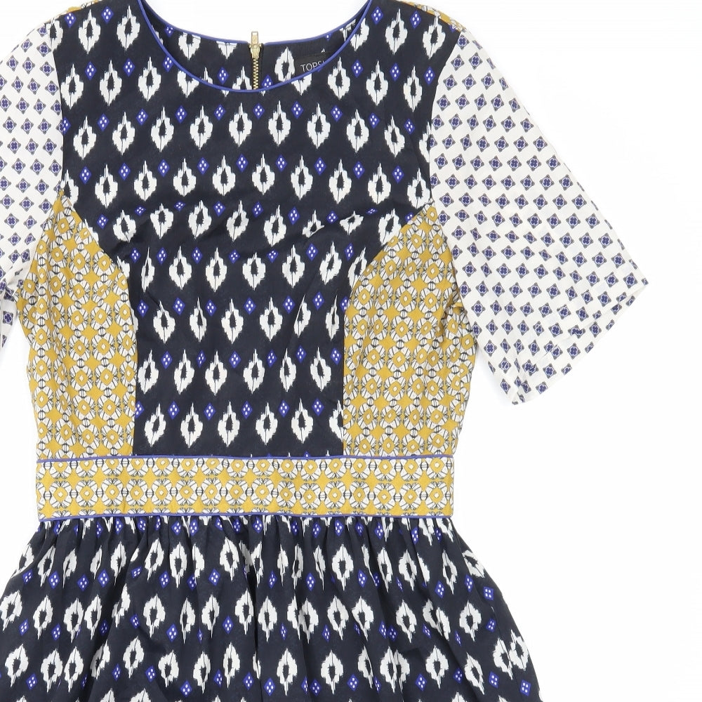 Topshop Womens Blue Geometric Polyester Fit & Flare Size 10 Round Neck Zip
