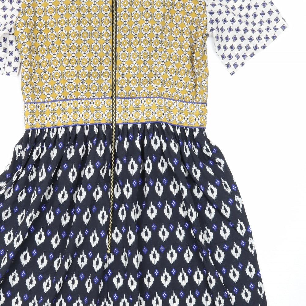 Topshop Womens Blue Geometric Polyester Fit & Flare Size 10 Round Neck Zip
