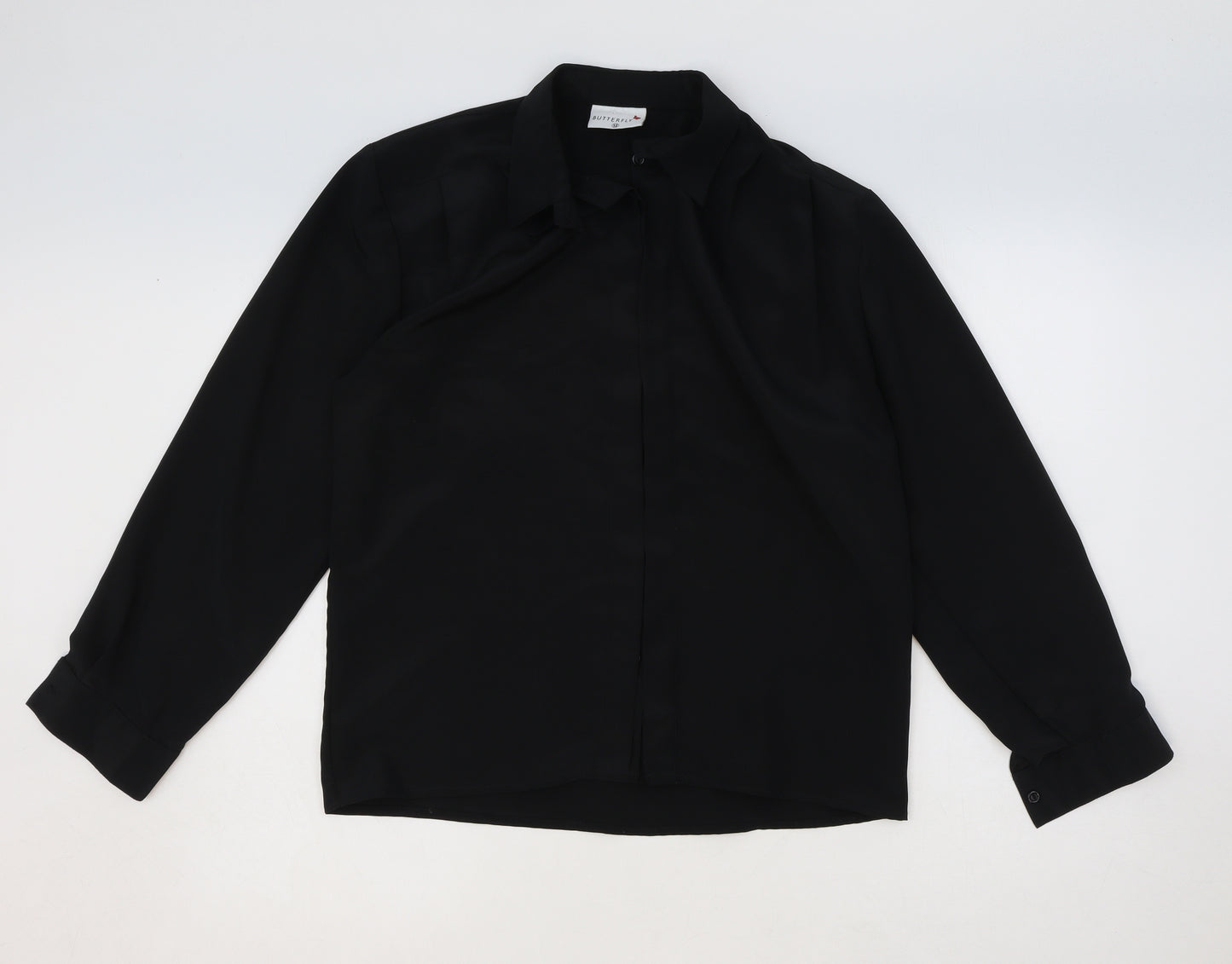 Butterfly Womens Black Polyester Basic Button-Up Size 12 Collared