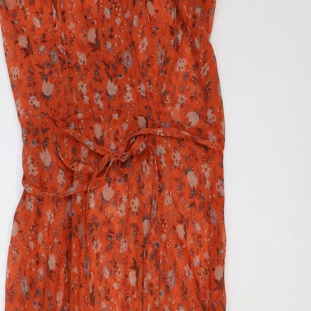 French Connection Womens Orange Floral Polyester A-Line Size 14 V-Neck Zip