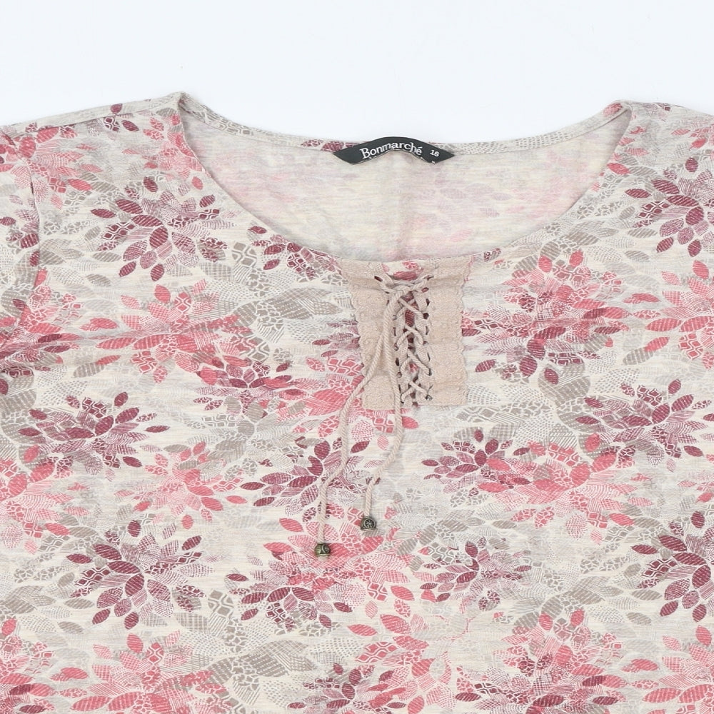 Bonmarché Womens Pink Geometric Polyester Basic T-Shirt Size 18 Round Neck