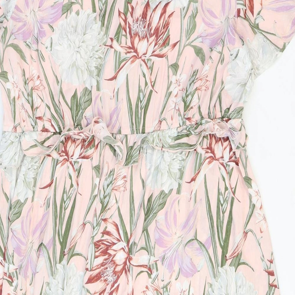 H&M Womens Pink Floral Polyester A-Line Size M V-Neck Pullover