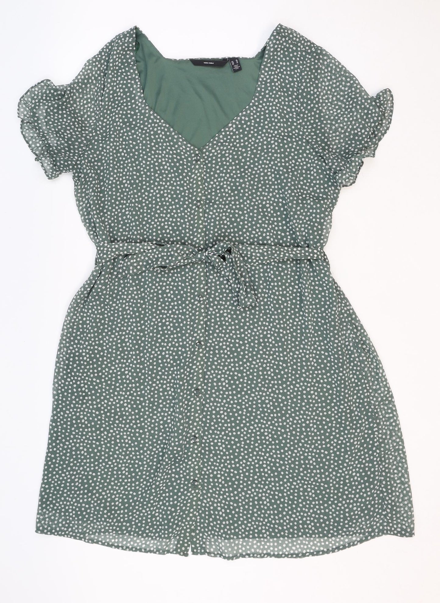Vera Moda Womens Green Polka Dot Polyester A-Line Size XL V-Neck Button