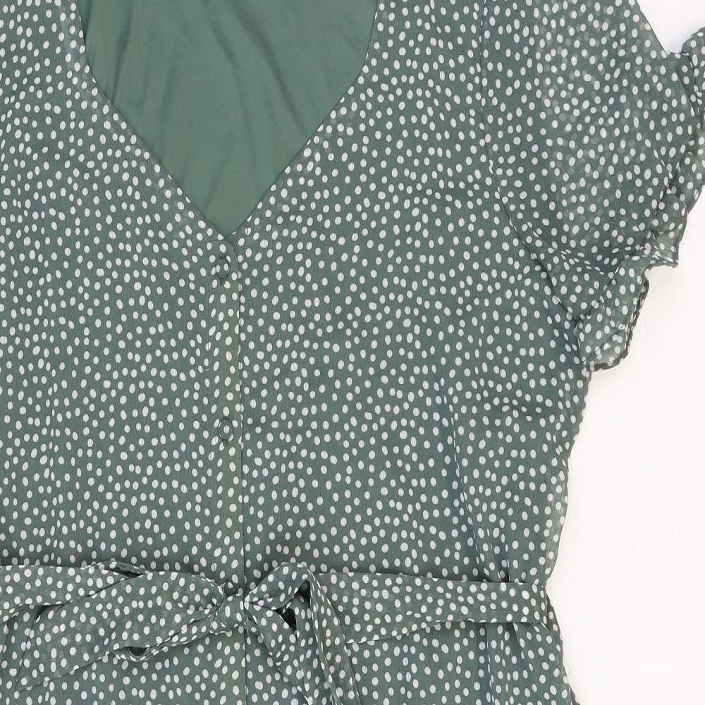 Vera Moda Womens Green Polka Dot Polyester A-Line Size XL V-Neck Button