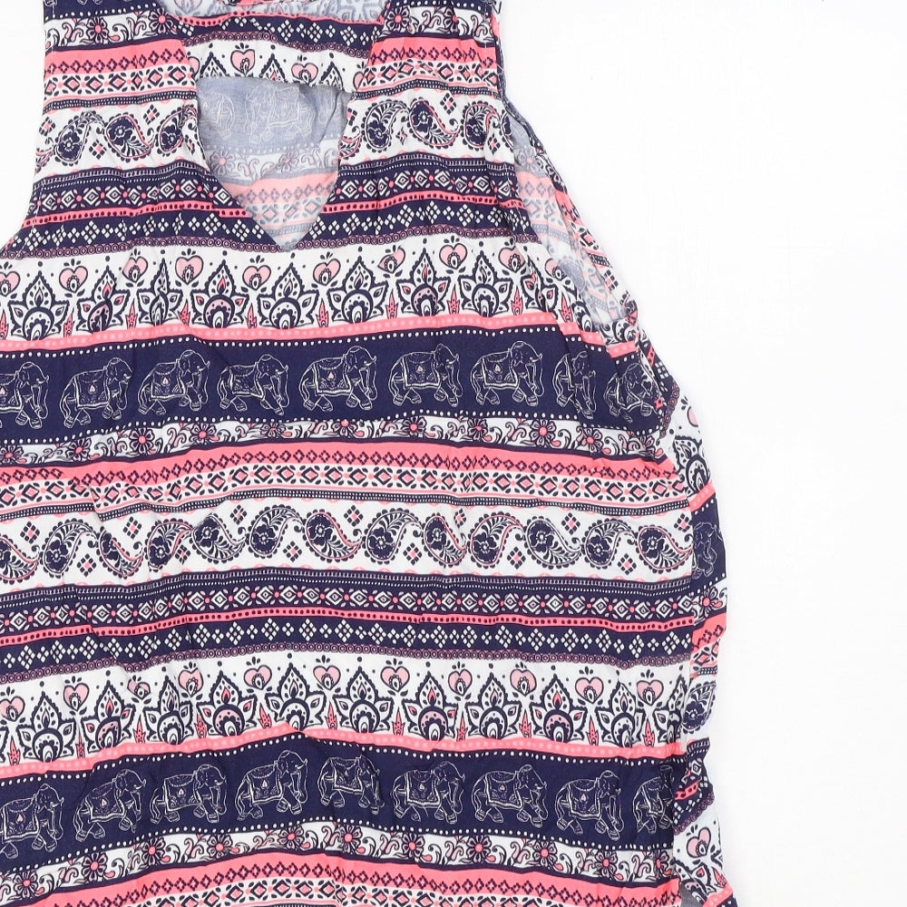 TU Womens Blue Geometric Polyester Basic Blouse Size 14 Scoop Neck