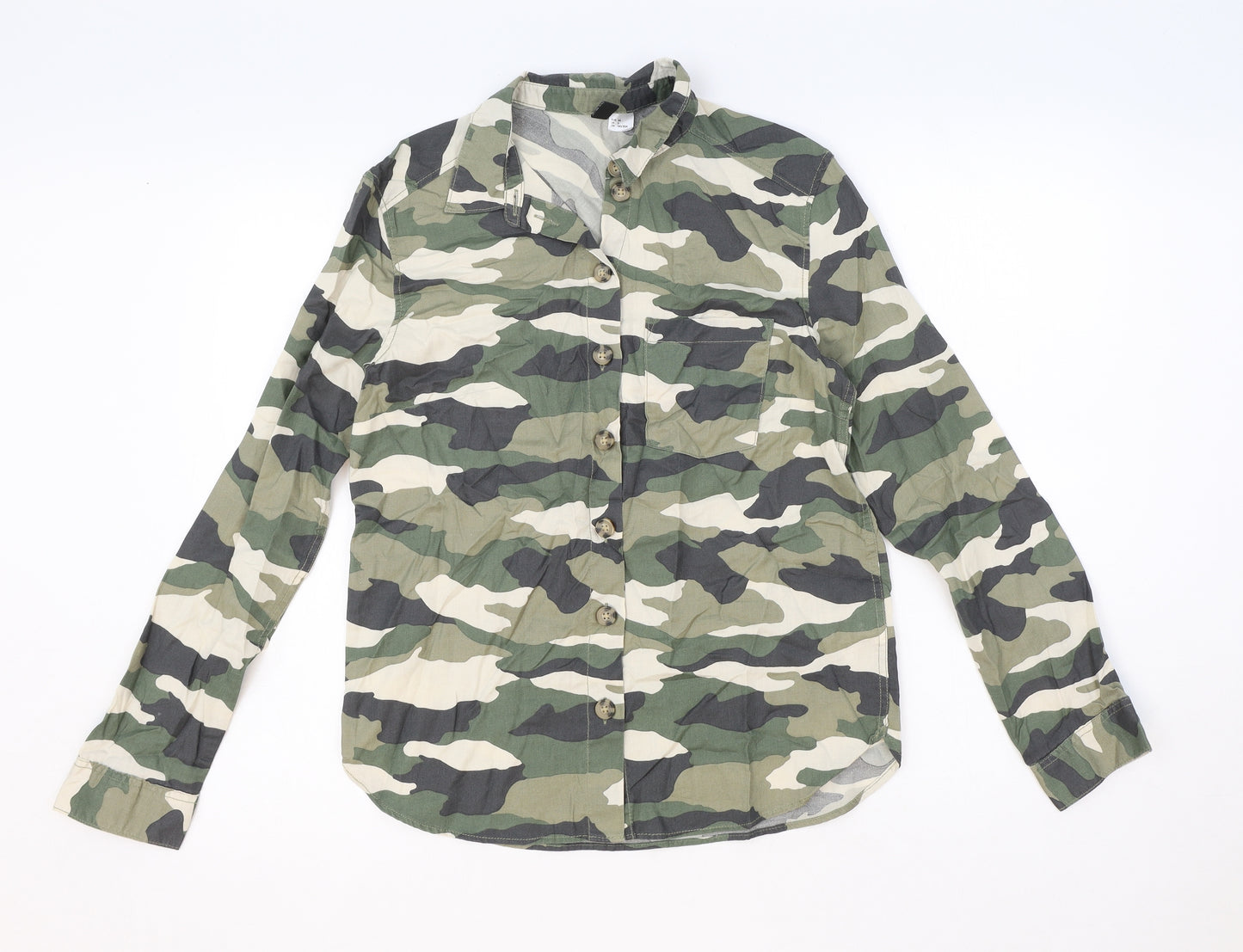 H&M Womens Green Camouflage Cotton Basic Button-Up Size 6 Collared
