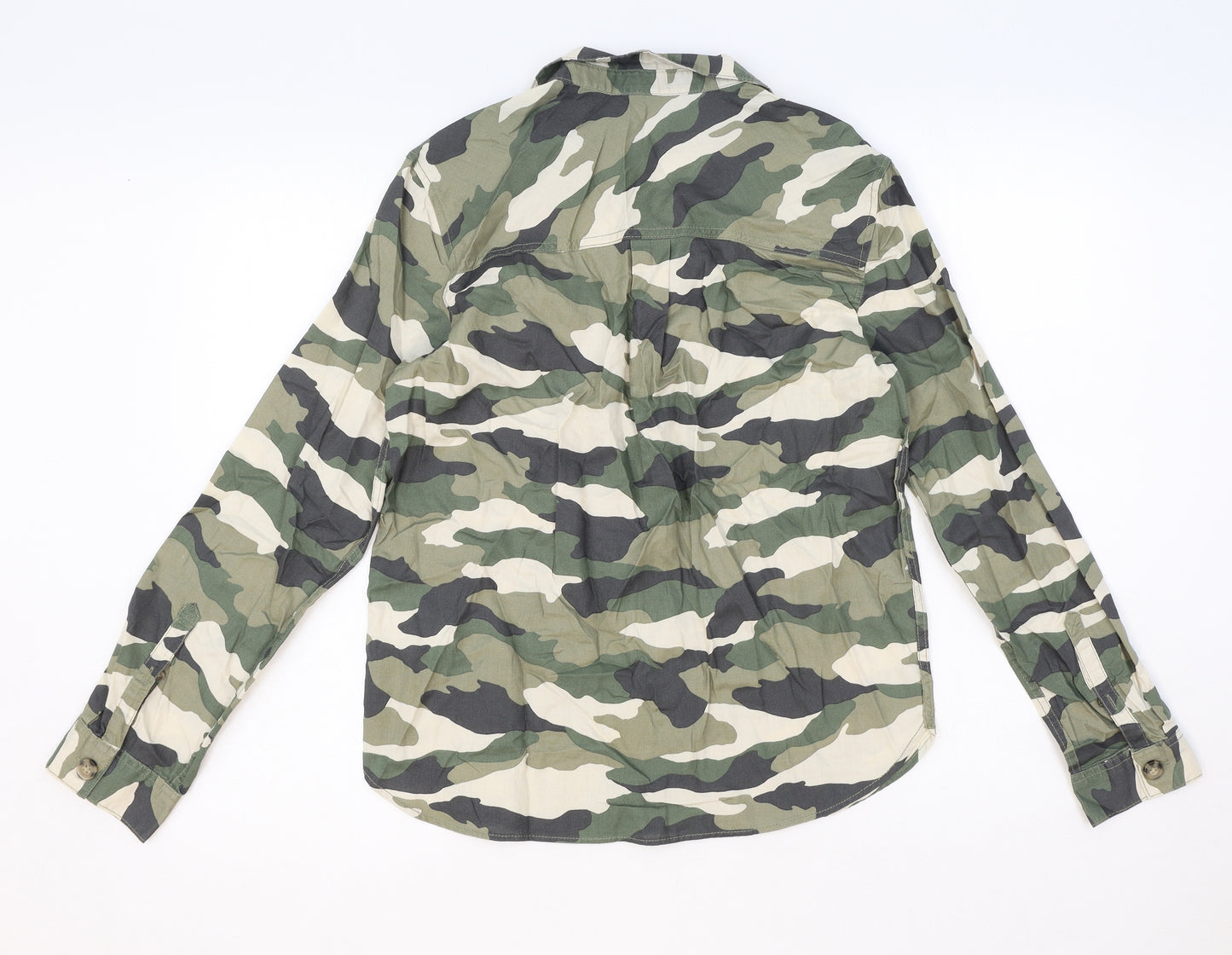 H&M Womens Green Camouflage Cotton Basic Button-Up Size 6 Collared