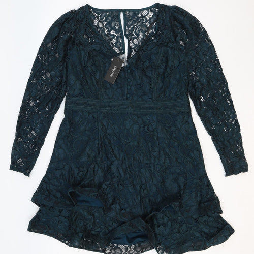 City Chic Womens Green Floral Nylon Trapeze & Swing Size XS V-Neck Buckle