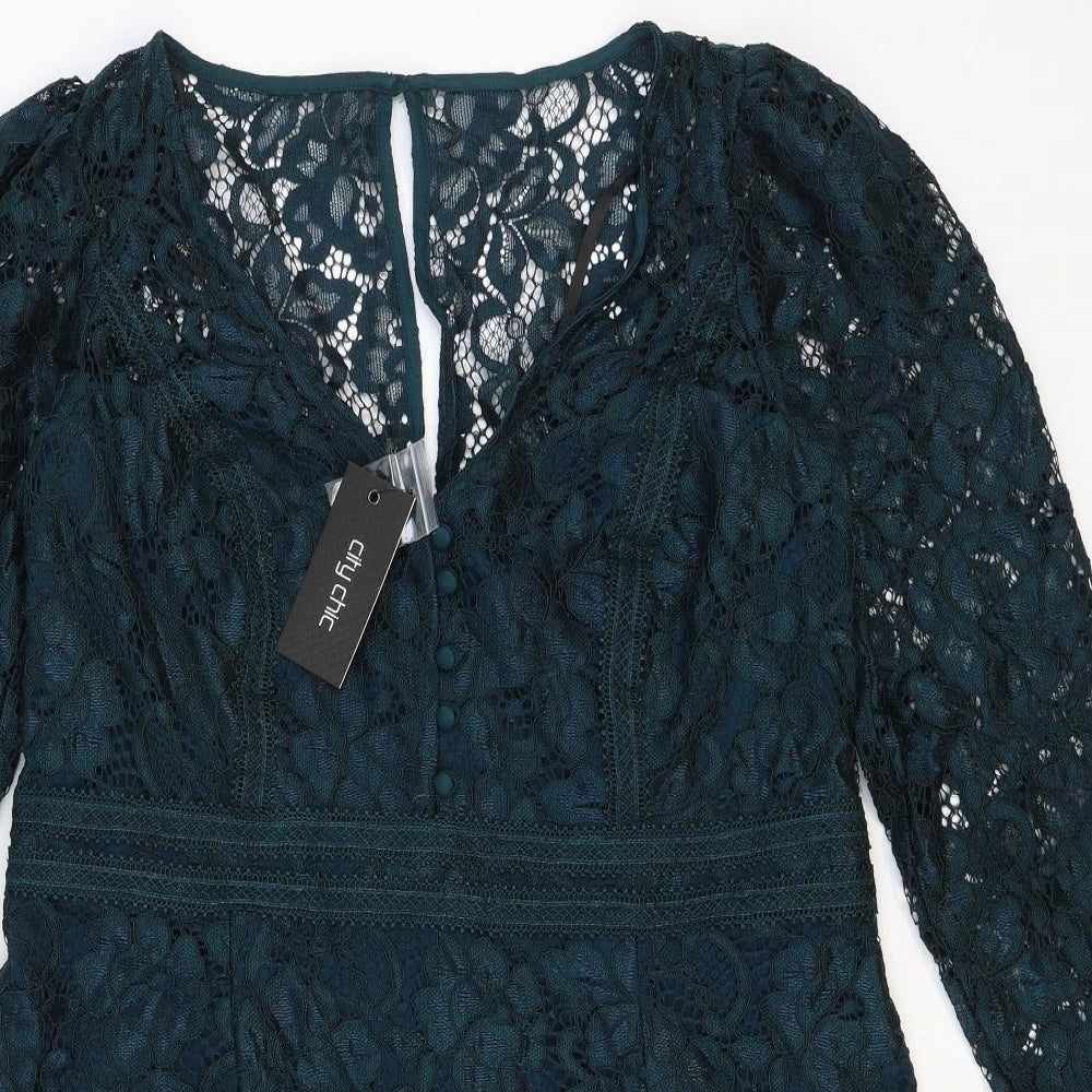 City Chic Womens Green Floral Nylon Trapeze & Swing Size XS V-Neck Buckle