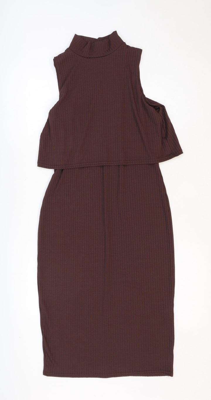 Boohoo Womens Brown Polyester Bodycon Size 14 Mock Neck Pullover