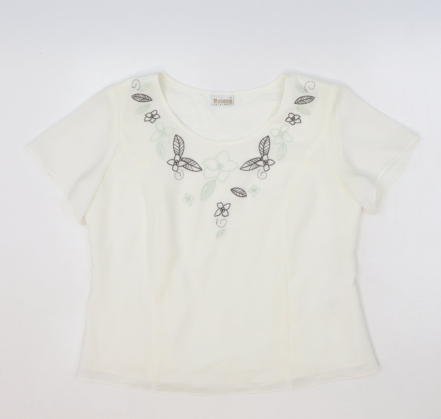 Roman Originals Womens White Floral Polyester Basic T-Shirt Size 12 Scoop Neck