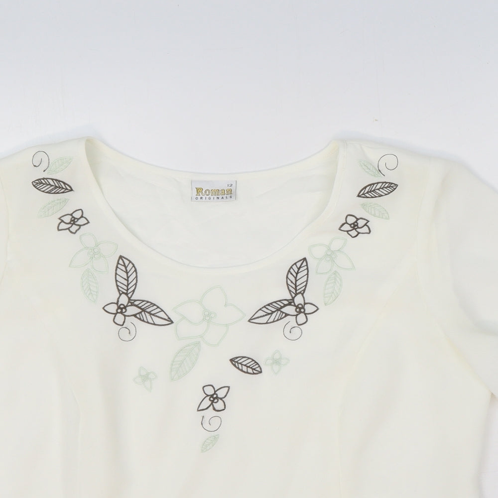 Roman Originals Womens White Floral Polyester Basic T-Shirt Size 12 Scoop Neck
